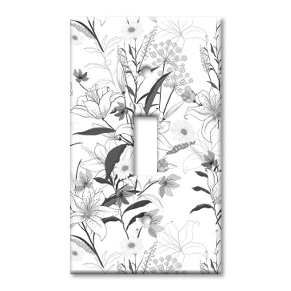 Art Plates 1 Gang Toggle Decorative Metal Wall Plate - Grayscale Floral Line Art - (Made in USA)