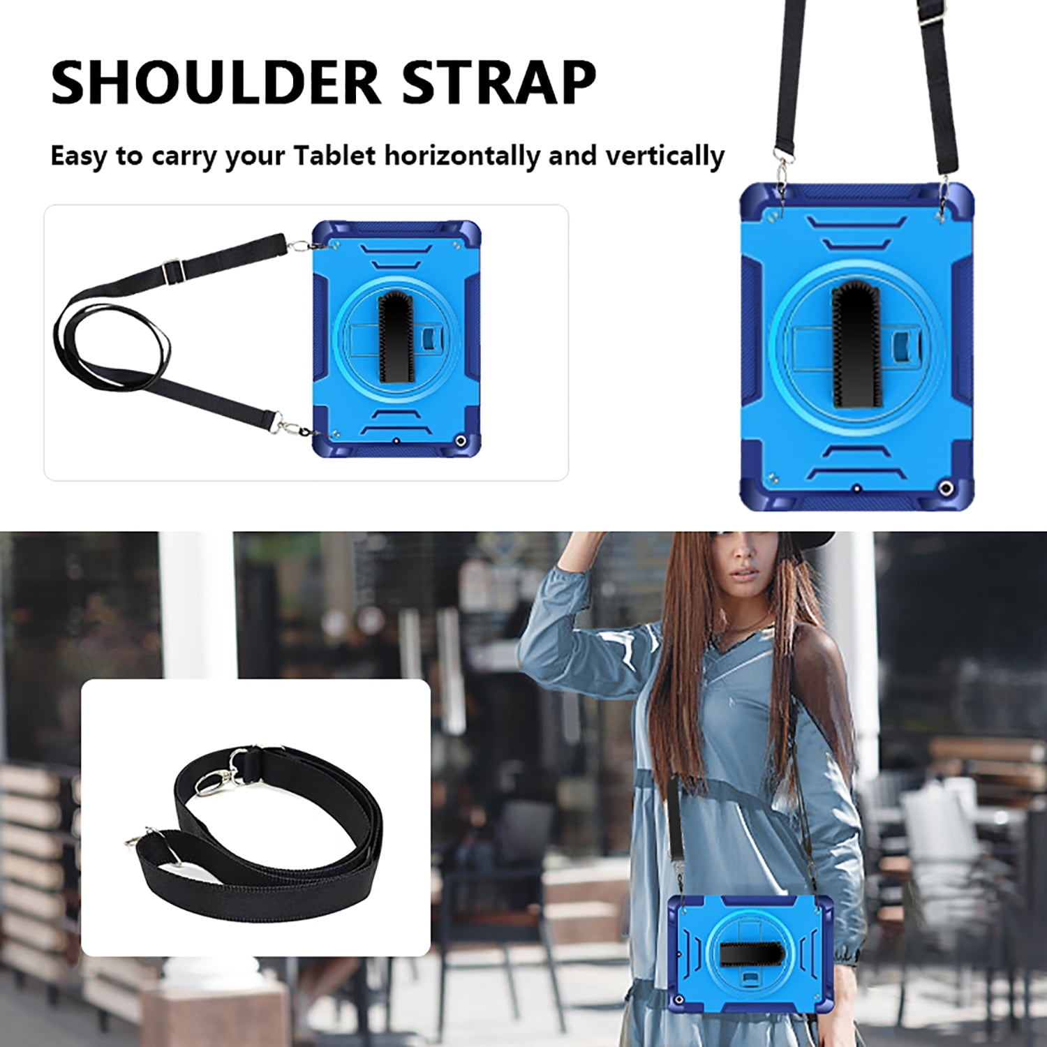Shockproof Case for Apple iPad 9th/8th/7th Generation, with Pencil Holder Military Grade Protection Rotating Stand Hand Strap Shoulder Strap Bumper Rugged Case for iPad 10.2" 2021/2020/2019, Blue