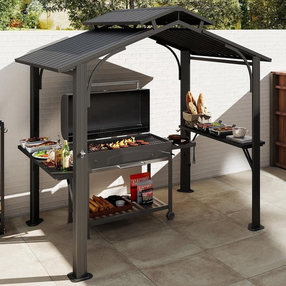 TOTAL Outdoor 8x5FT Hardtop Grill Gazebo, BBQ Canopy,Galvanized Steel Double Roof for Backyard,Gray