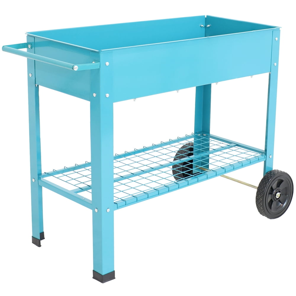 Sunnydaze Raised Garden Bed with Handle and Wheels Galvanized Steel Outdoor Mobile Elevated