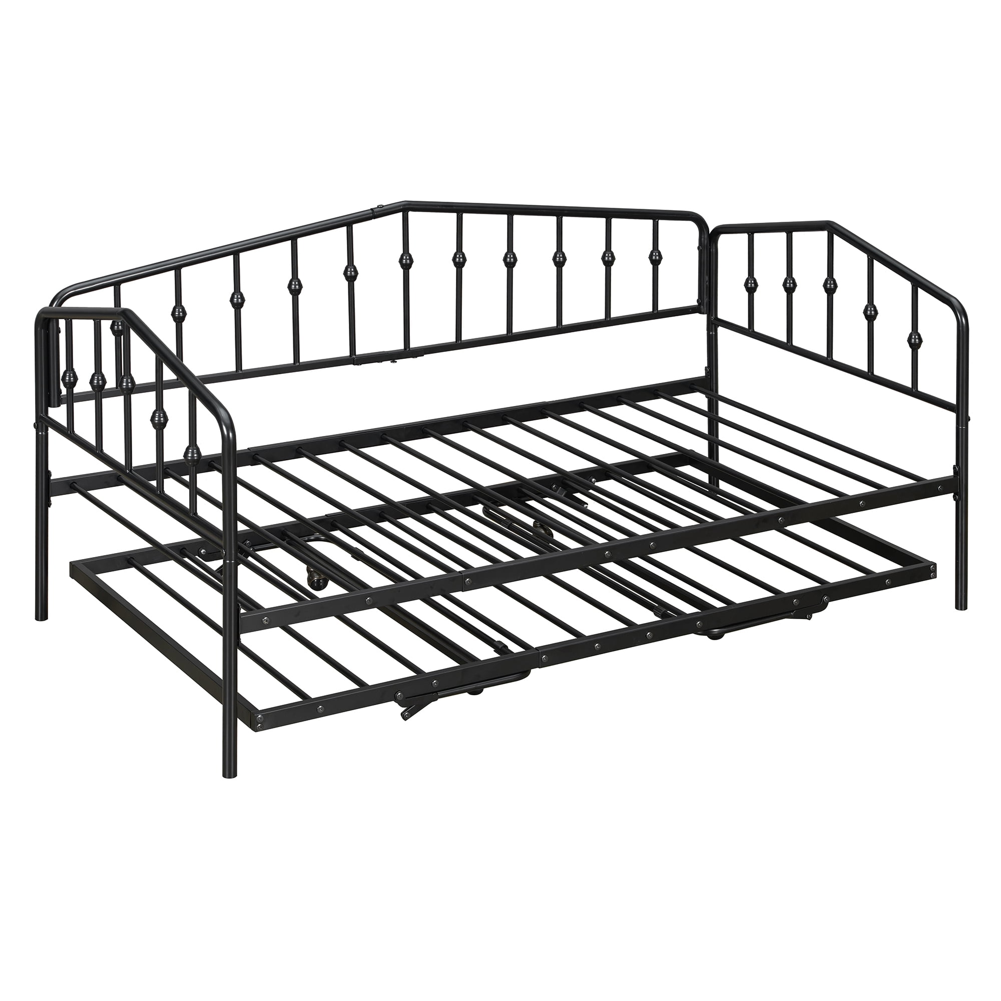 GARITIN Twin Size Metal Daybed with Adjustable Trundle, Portable Folding Trundle Bed Frame for Guest Room, Black