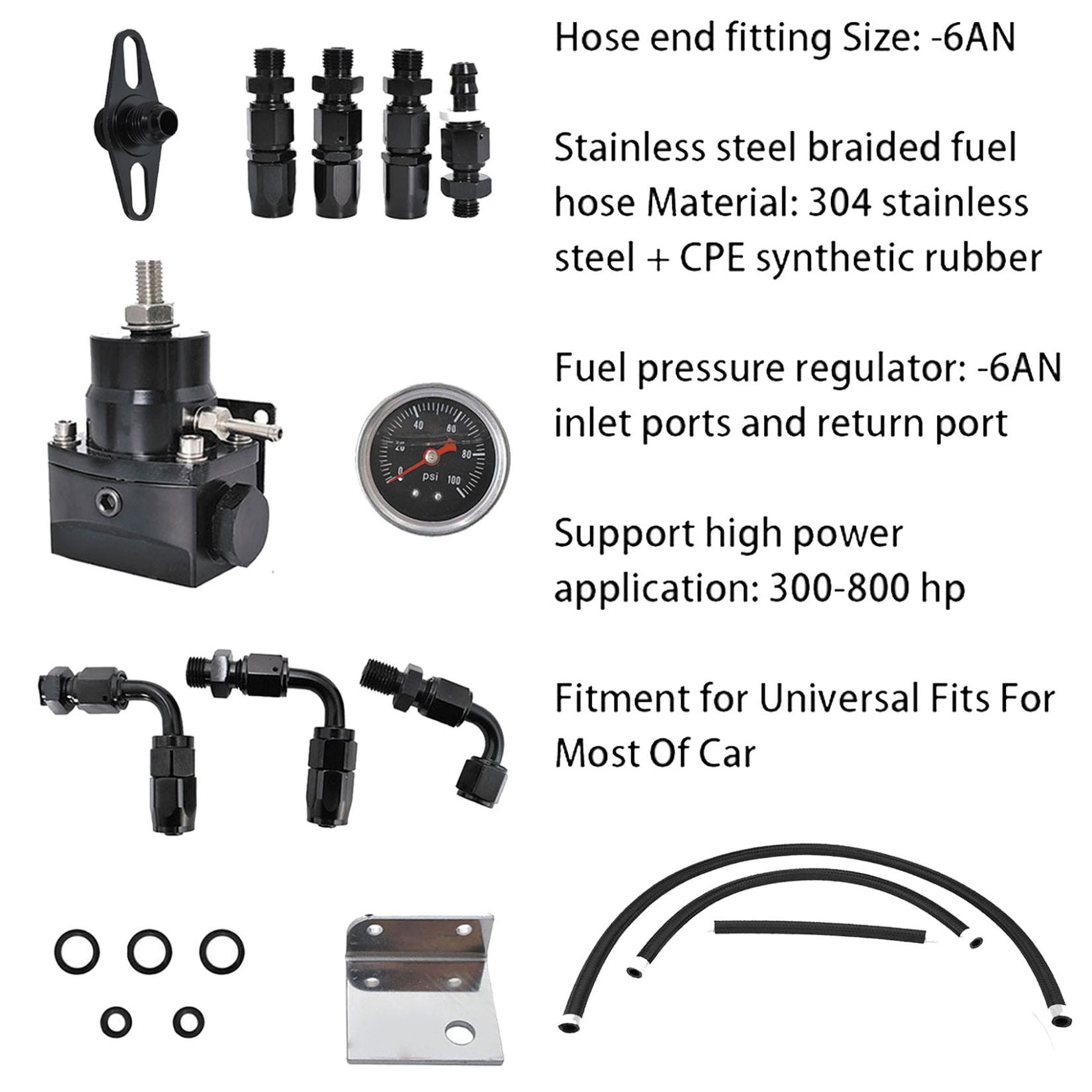Universal Adjustable Fuel Pressure Regulator Kit with 0-100 Psi Pressure  Gauge AN-6 Fuel Line Hose Fitting Connectors Kit Black 