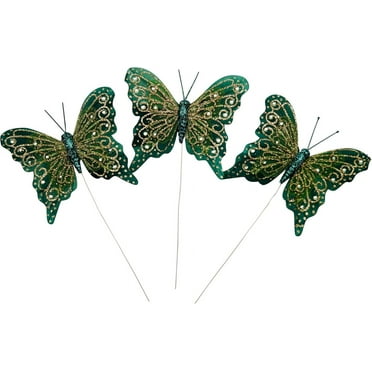 Set of 12 Glitter Monarch Feather Butterfly Floral Picks (Hunter Green/Gold)