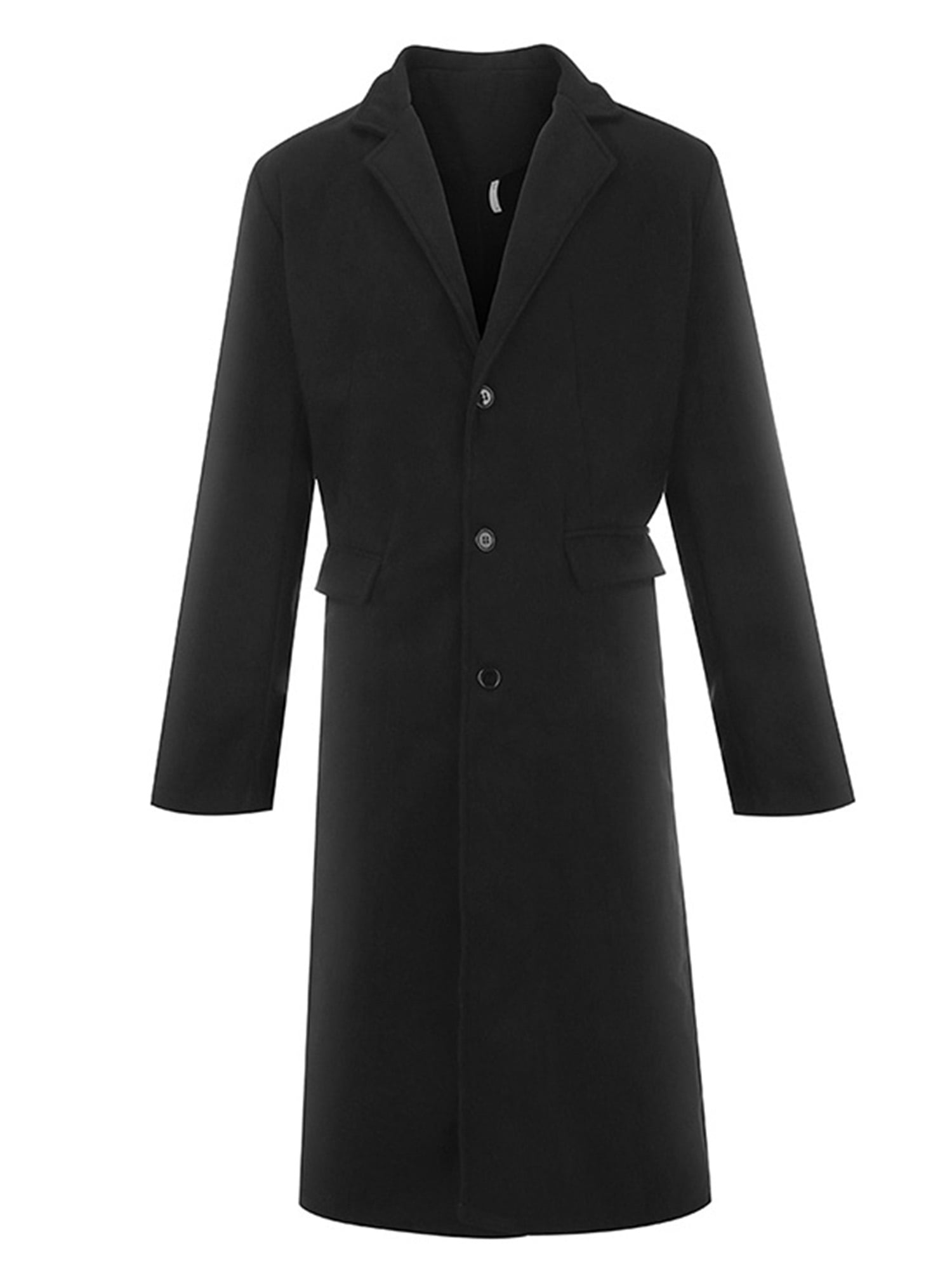 Men's Solid Long Trench Coat Single Breasted Overcoat British Style Lapel Wool Blend Pea Coat