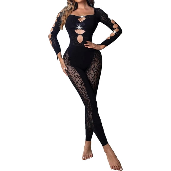 HLSOHJP Women's Long Sleeve Bodysuit Square Neck Full Body Yoga See Through Leopard Rhinestone Sexy One Piece Jumpsuit