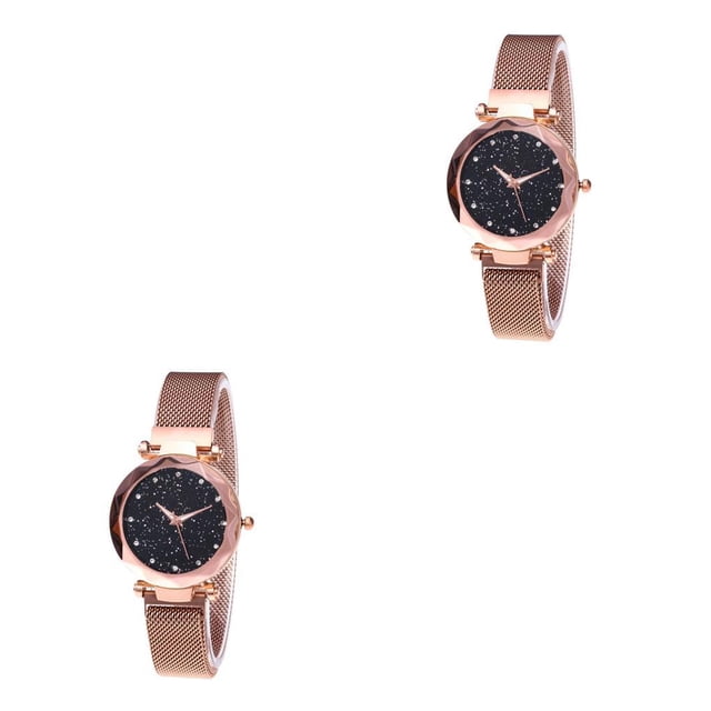 Seitruly Reloj Star Sky para mujer, correa de malla, de cuarzo analógico para novia, reloj de pulsera, regalo de vacaciones oro rosa 2piezas
