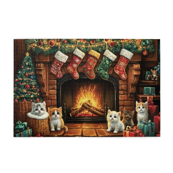 1000 PCS fireplace Christmas stocking & Cat 1000 piece Wooden puzzle for adults,Stress relieving pleasure,Funny Animal Art Christmas Gift,Puzzles suitable for entertaining with family during holidays