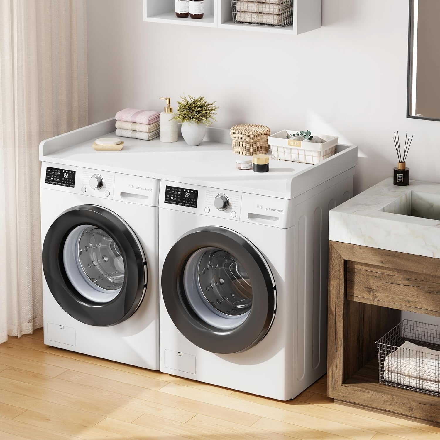 Washer Dryer Countertop, laundry topper with Edge and Non-Slip Pad for Washer Dryer Laundry Hamper Counter Storage Organization 54"x27.5" ，White