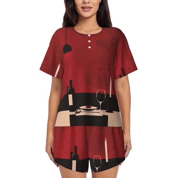 Balery Minimalist Romantic Dinner Conjunto de Pijama para Mujer con Estampado, Dos Piezas de Manga Corta y Shorts, Ropa de Dormir Suave con Cuello Redondo y Bolsillos-Medium