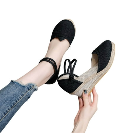 

YODETEY Women s Summer Sandals Stylish Buckle Wedge Sandals Round Toe High Heel Sandals Knitted Ventilate Casual Sandals Black
