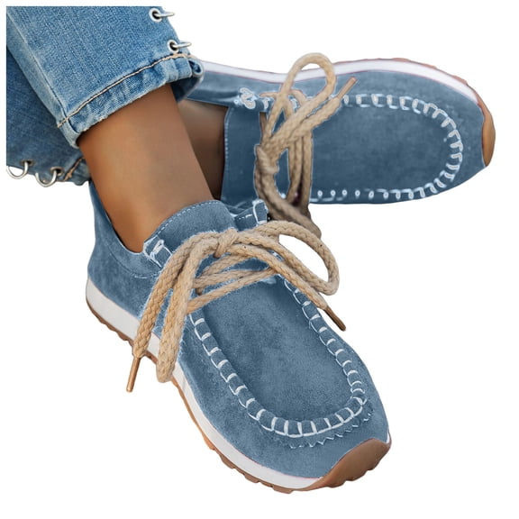 Boat Shoes Women Retro Stitching Suede Lace up Sneakers Chunky Nonslip Walking Shoes Comfortable Loafers Casual Driving Shoes Blue Size 7.5