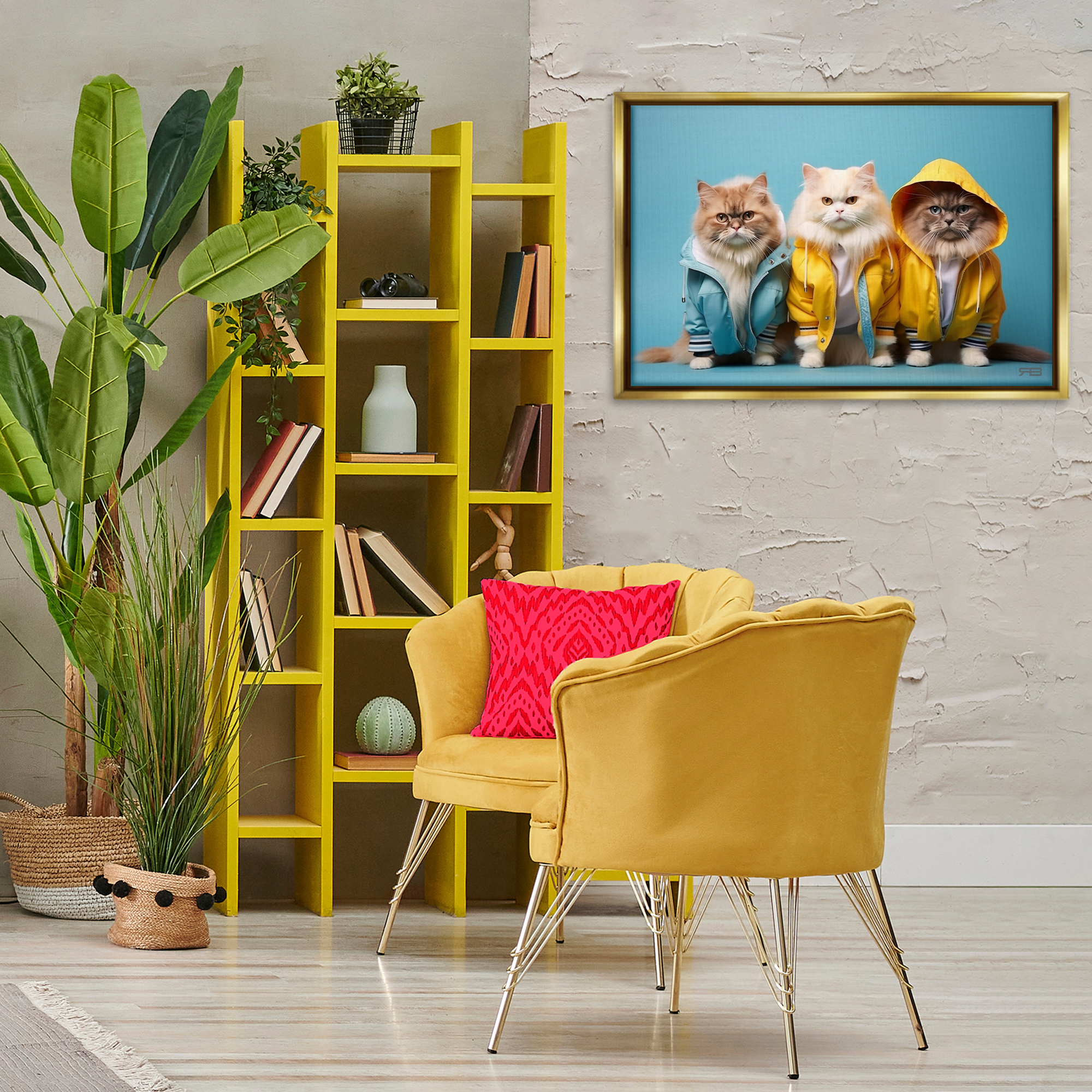 Stupell Industries Funny Stylish Cats Animals & Insects Painting Gold Floater Framed Canvas Art Print Wall Art, 31 x 21