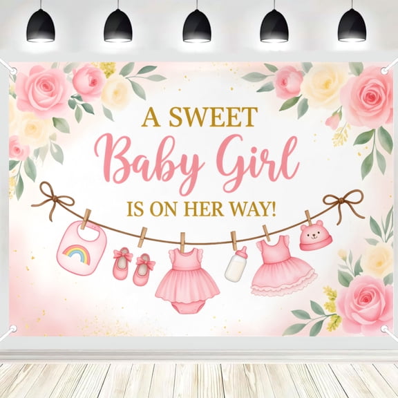 A Sweet Baby Girl Is On Her Way Backdrop, Pink Rose and Baby Clothes Photography Background, Baby Shower Party Banner, Photo Booth Decor 16x24in