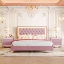 Bedroom Set Queen Size Upholstered Platform Bed with LED Lights & Two Nightstands - Slate Gray | Velvet | Standard Beds