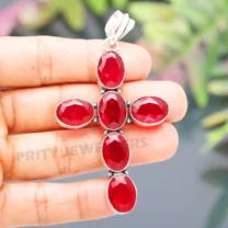 Mozambique Garnet Cross Pendant 925 Sterling Silver Gemstone Handmade Jewelry