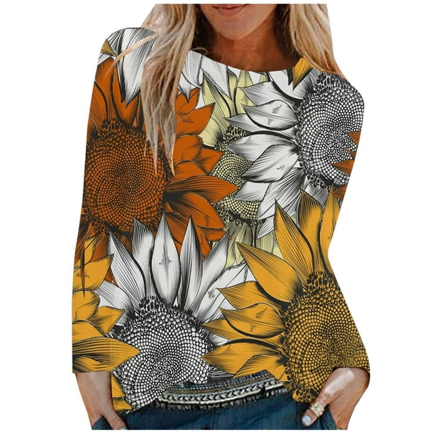 Tops de cuello redondo transpirables cómodos de manga larga con estampado de moda para mujer Pompotops FGAJ9148