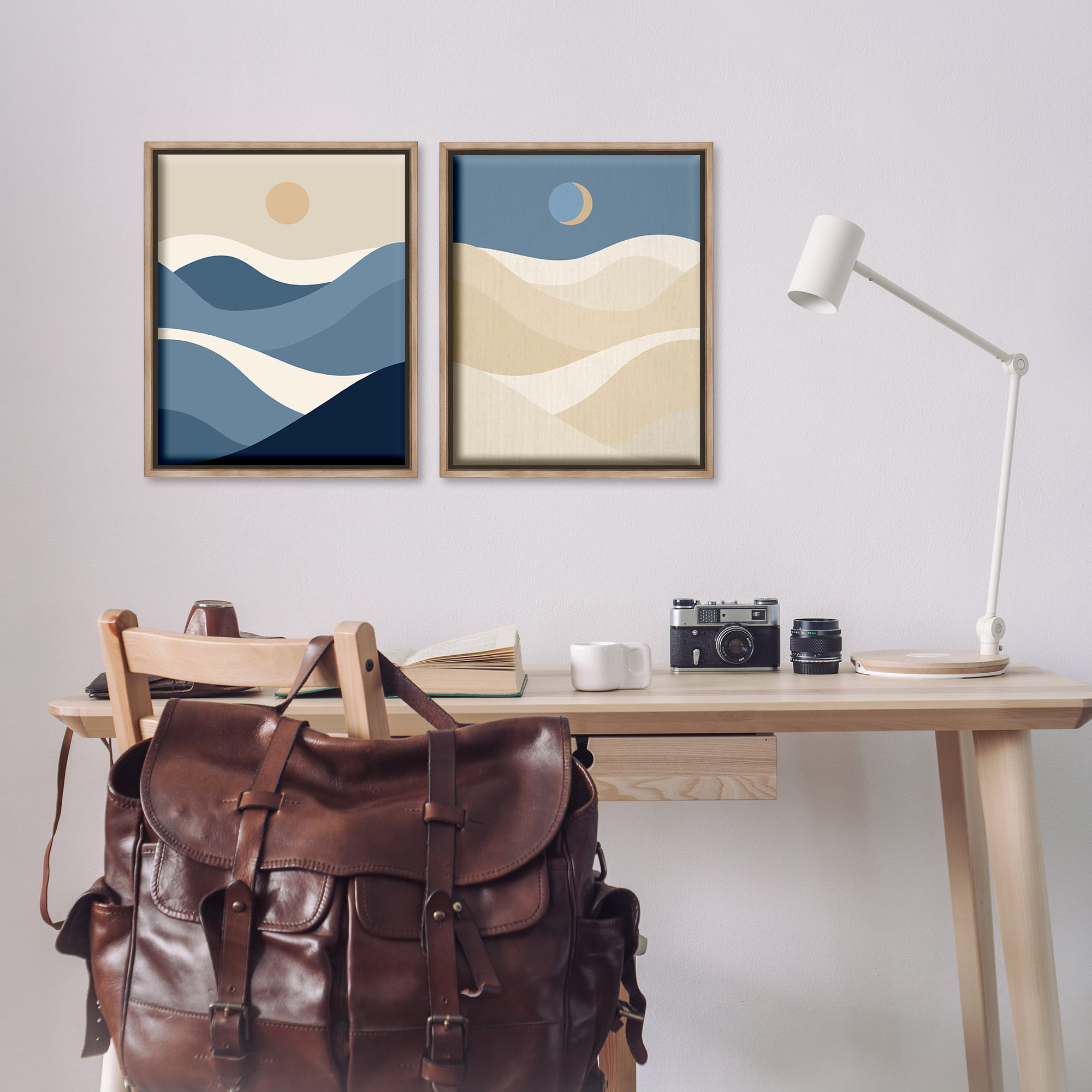 Stupell Industries Moon Over Soft Ripples Landscape & Nature Painting Brown Floater Framed Canvas Art Print Wall Art, 17 x 21, Set of 2