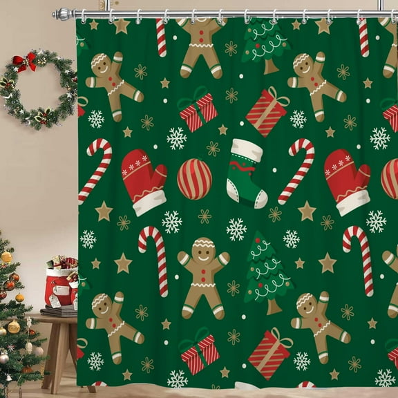 Pbobriich Green Christmas Shower Curtain,Gingerbread Man Winter Xmas Waterproof Polyster Bathroom Curtain,72"x72"