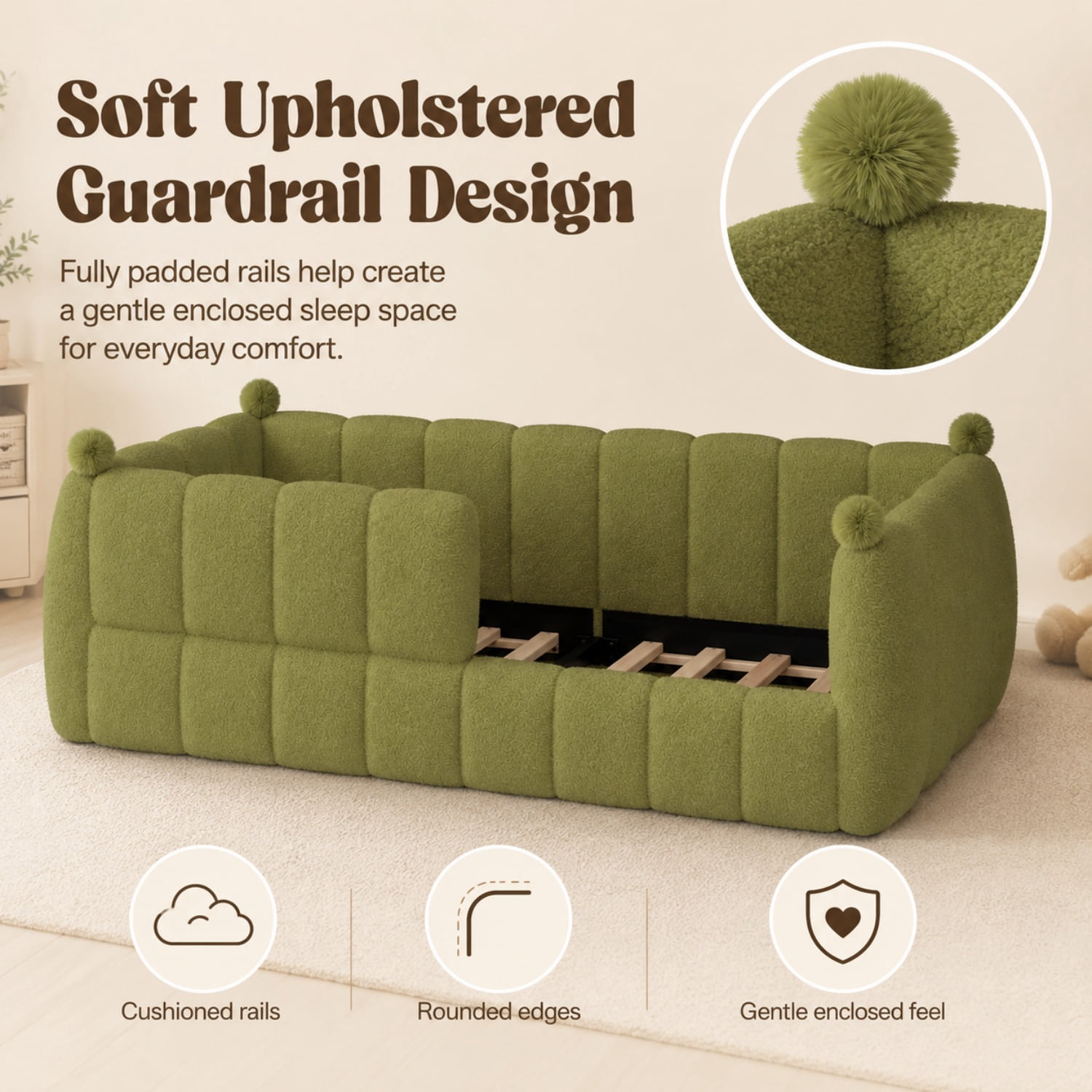 Miniyam Twin Size Kids Floor Bed with Soft Upholstered Guardrails, Low-to-Ground Montessori Bed Frame, Green