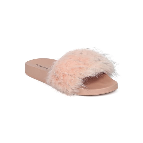 New Women Heart.thentic FLO-10 Faux Fur Open Told Molded Footbed Slide