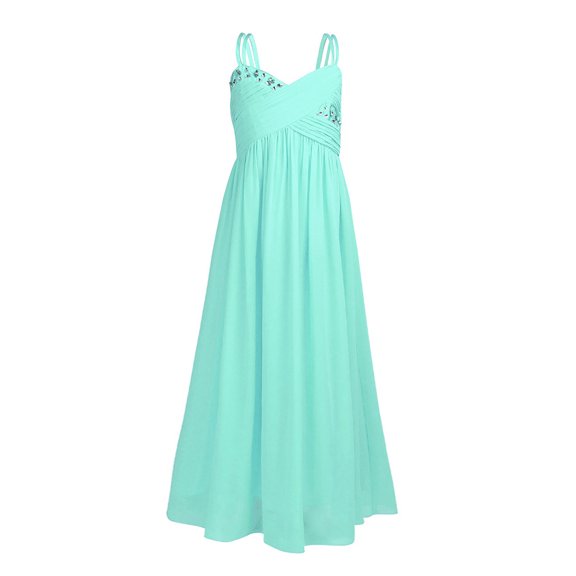Aislor Junior Bridesmaid Kid Girls Rhinestones Pleated Chiffon Dance Maxi Gown Floor Long Dress