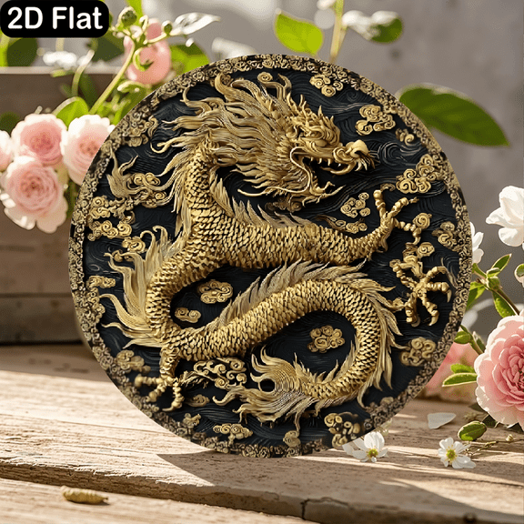 11.8x11.8 Inch Round Wooden Sign Featuring Majestic Golden Dragon with Clouds and Waves on Navy Blue Background, Ornate East Asian Decorative Emblem Wall Art for Home Office, Luxury Cultural Heritage