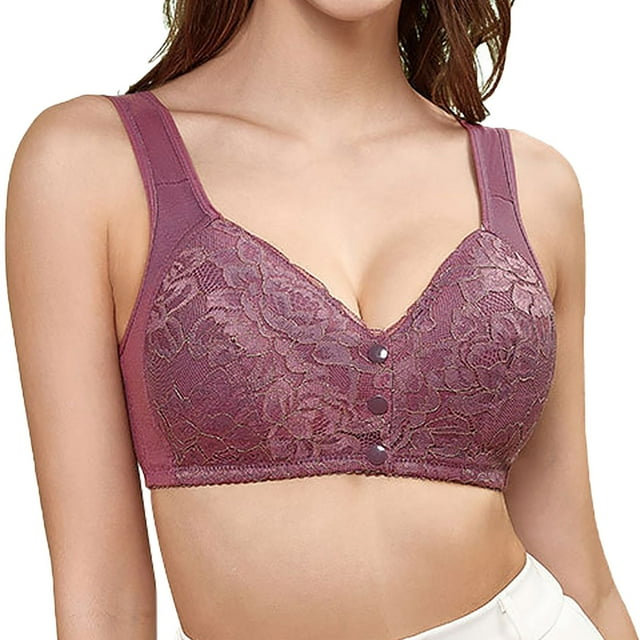No Underwire Lace Bras For Women Sponge Cup Front Closure Bras For Seniors Plus Size Full Coverage Bras No Wire Bras