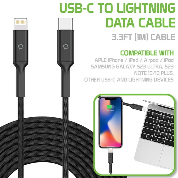 Cellet 3.3ft (1m) Braided USB-C to Apple MFi Lightning Data Cable Compatible with USB-C and Lightning Devices â Black