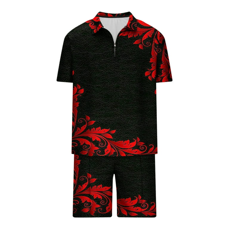 2 Piece Men Outfits Summer Zip Collar Shirts and Shorts Set