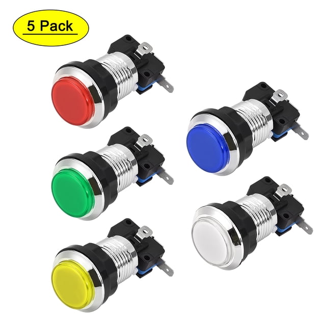 Botón de empuje de juego 33mm 12V Interruptor de botón iluminado LED con microinterruptor para juegos de video de arcade 5 colores, 5 piezas