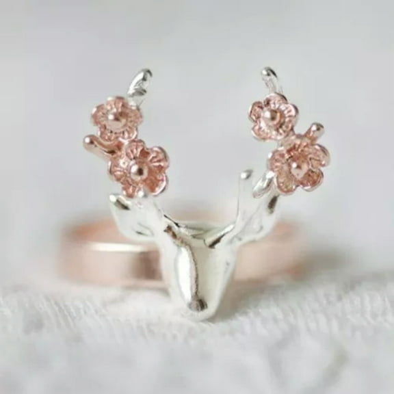 GKNET Women Christmas Deer Antler Ring Rose Gold Finger Ring Flower Ring Delicate Jewelry Gift-7
