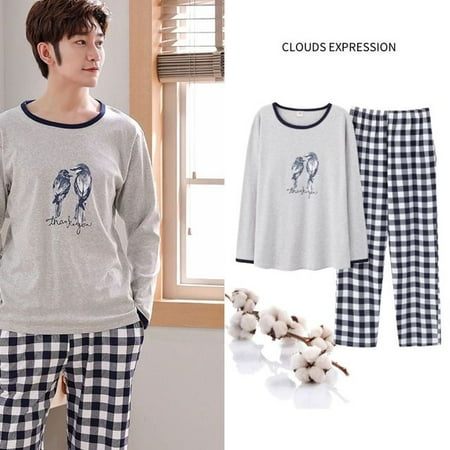 

QWZNDZGR Spring Autumn Plus Size L-4XL PJ Cotton Men s Pajamas Letter Cartoon Pajama Sets Casual Lounge Sleepwear Pyjamas Pijama Homewear