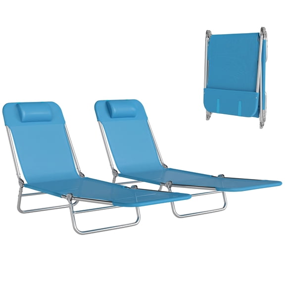 Chaise Lounge Chairs, 2 Piece Folding Steel Frame Sun Loungers with 5-Position Reclining Back and Mesh Seat for Pool, Beach, and Patio, Blue