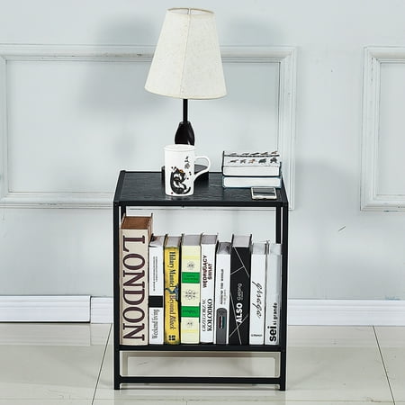 DIKAPA Nightstand / Coffee Table with Storage Shelf, End Table 2-Tier Side Table / Vintage Industrial Wood Look Accent Furniture with Metal Frame for Living Room Bedroom (1 PCS)