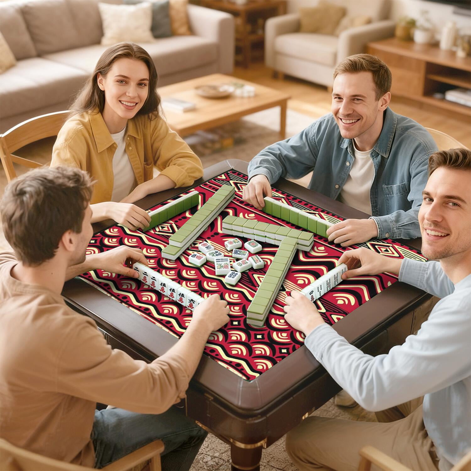 Boho Design Multi-Purpose Rubber Pad for Game Tables 31.5x31.5 Inch Large Mahjong Mat with Anti-Slip Grip and Quiet Surface for Tiles and Cards