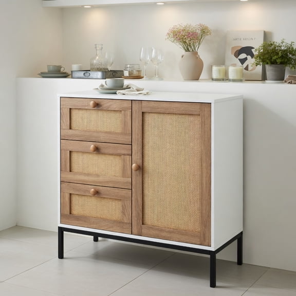 GVN Rattan Sideboard Buffet Cabinet with 1 Door and 3 Drawers-White