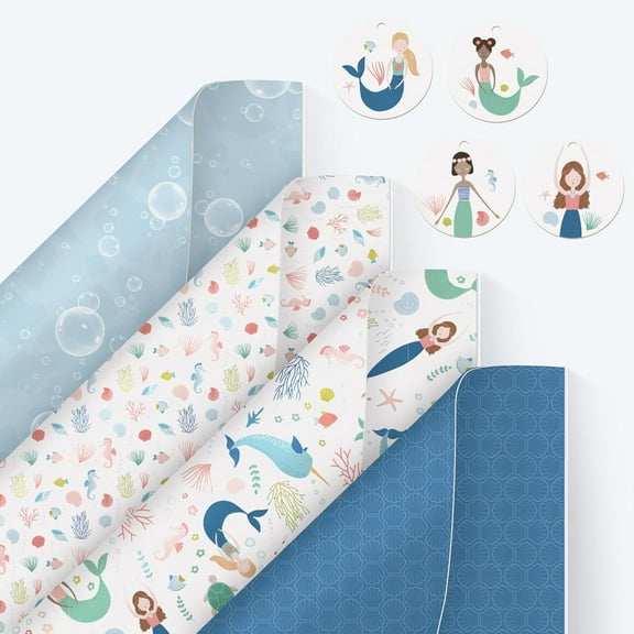 Cheerland Mermaid and Under the Sea Gift Wrapping Paper, 12 Sheets, 20 Tags, 4 Designs