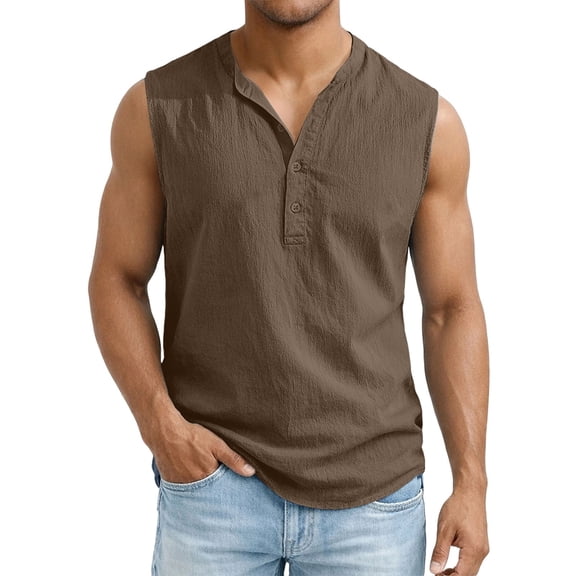 Gamivast Linen Tank Tops for Men Band Collar Sleeveless Beachwear Casual Sleeveless Shirts Regular Fit Solid Lightweight Soft Muscle Shirts Summer Tops