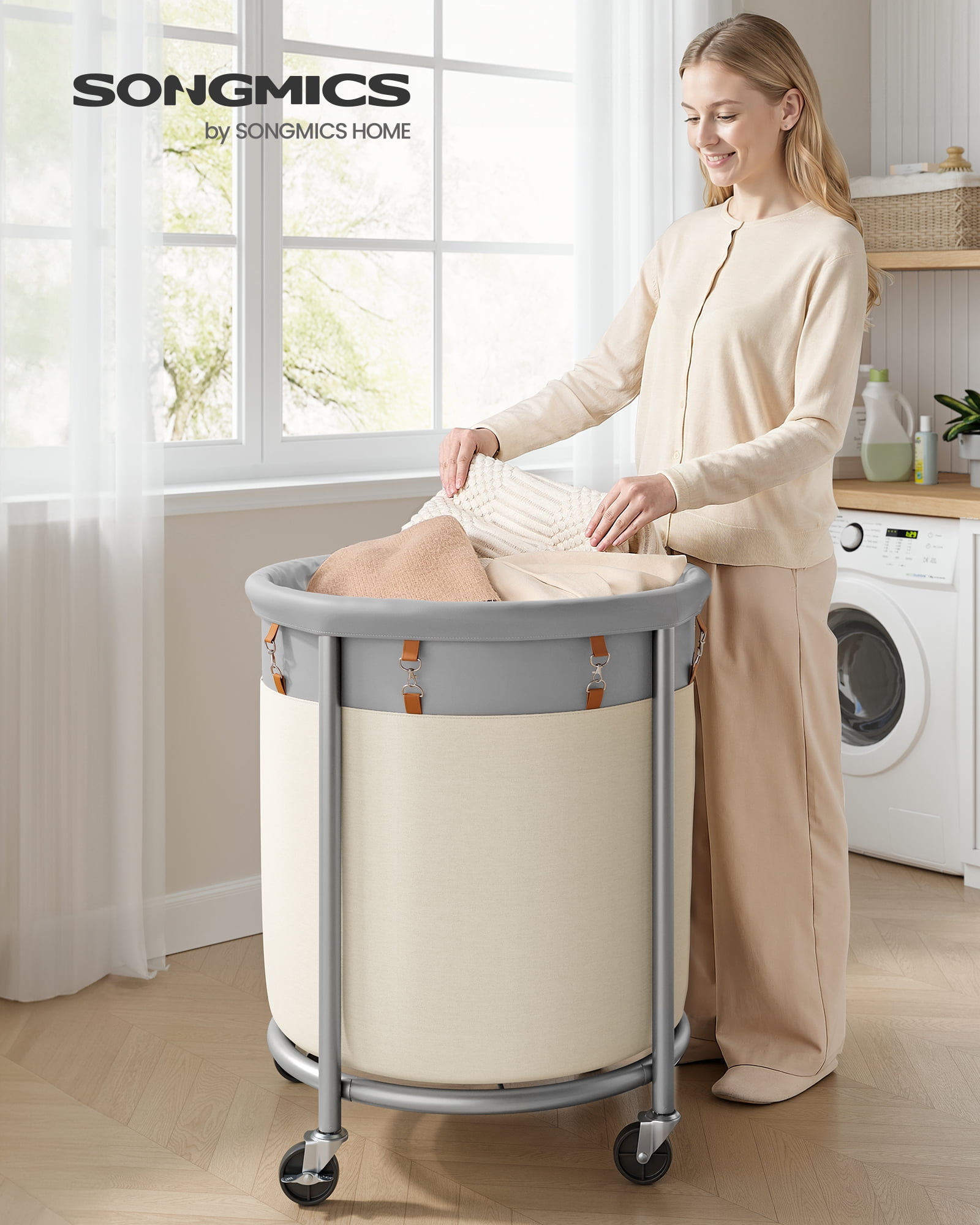 SONGMICS 50.2-Gallon (190 L) Laundry Basket with Wheels, Steel Frame and Removable Bag, 2 Locking Wheels, Dove Gray and Cream White
