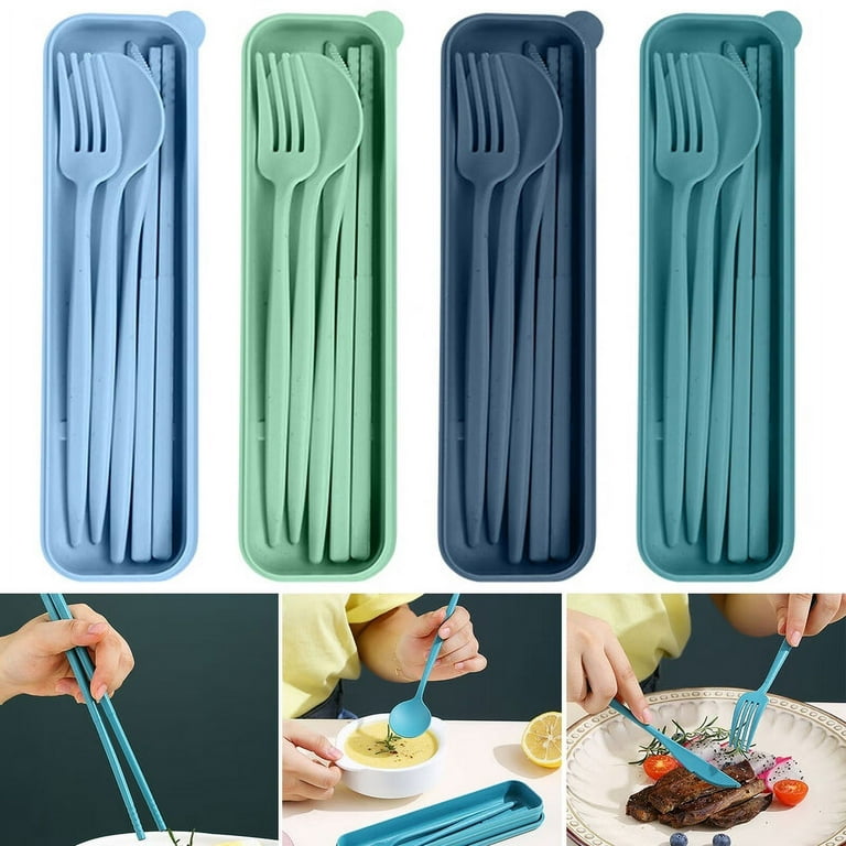 Cuteam 4 Sets Reusable Utensils Set with Case Chopsticks Cutter Fork Spoon  Travel Cutlery Set Lunch Box Accessories Work Travel Daily Use