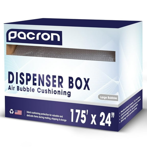 Pacron Protective Bubble Wrap Roll Dispenser 175FTx24IN – 3/16 Small, Perforated Every 12IN