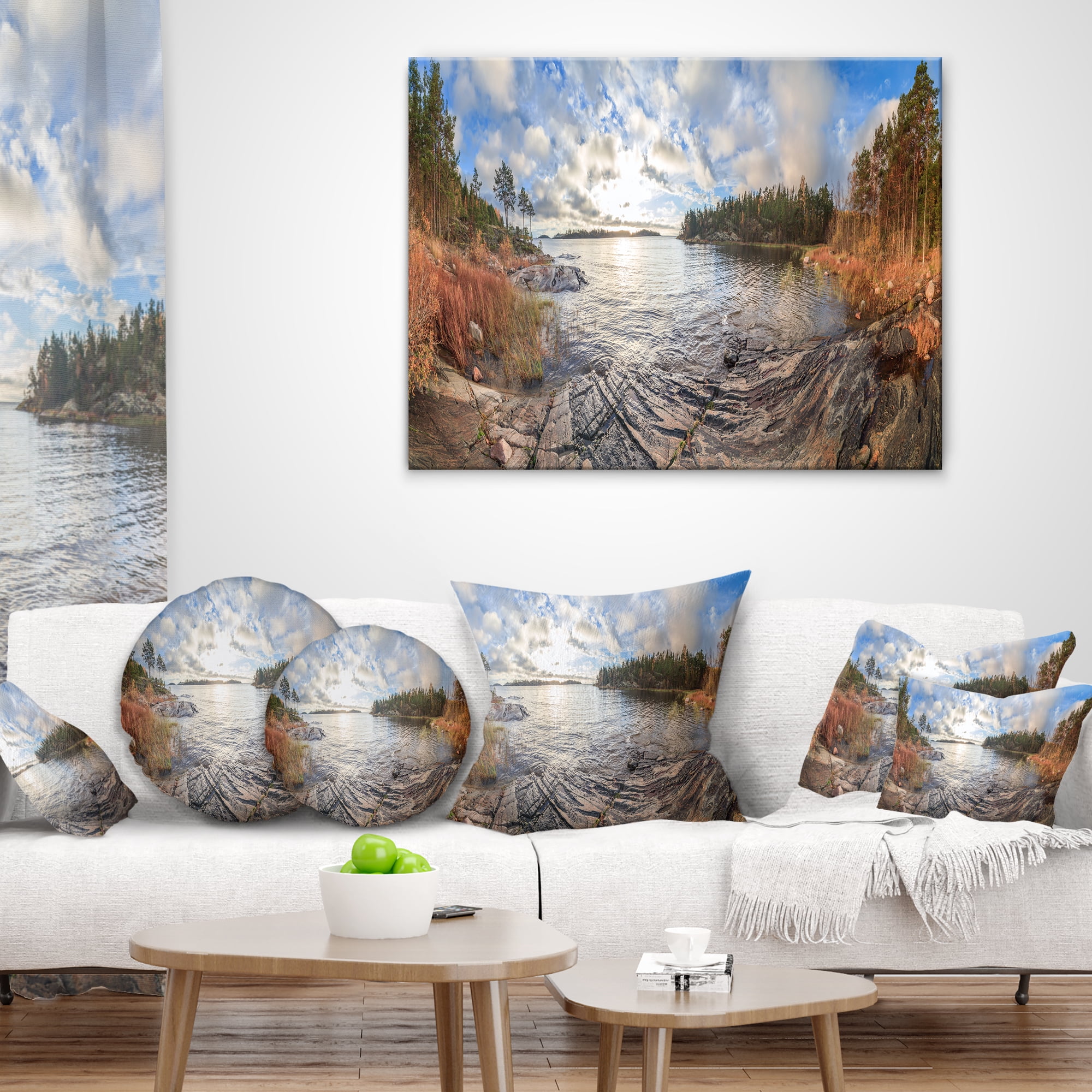 Designart Rocky Coast of Autumn Lake - Seashore Throw Pillow - 18x18
