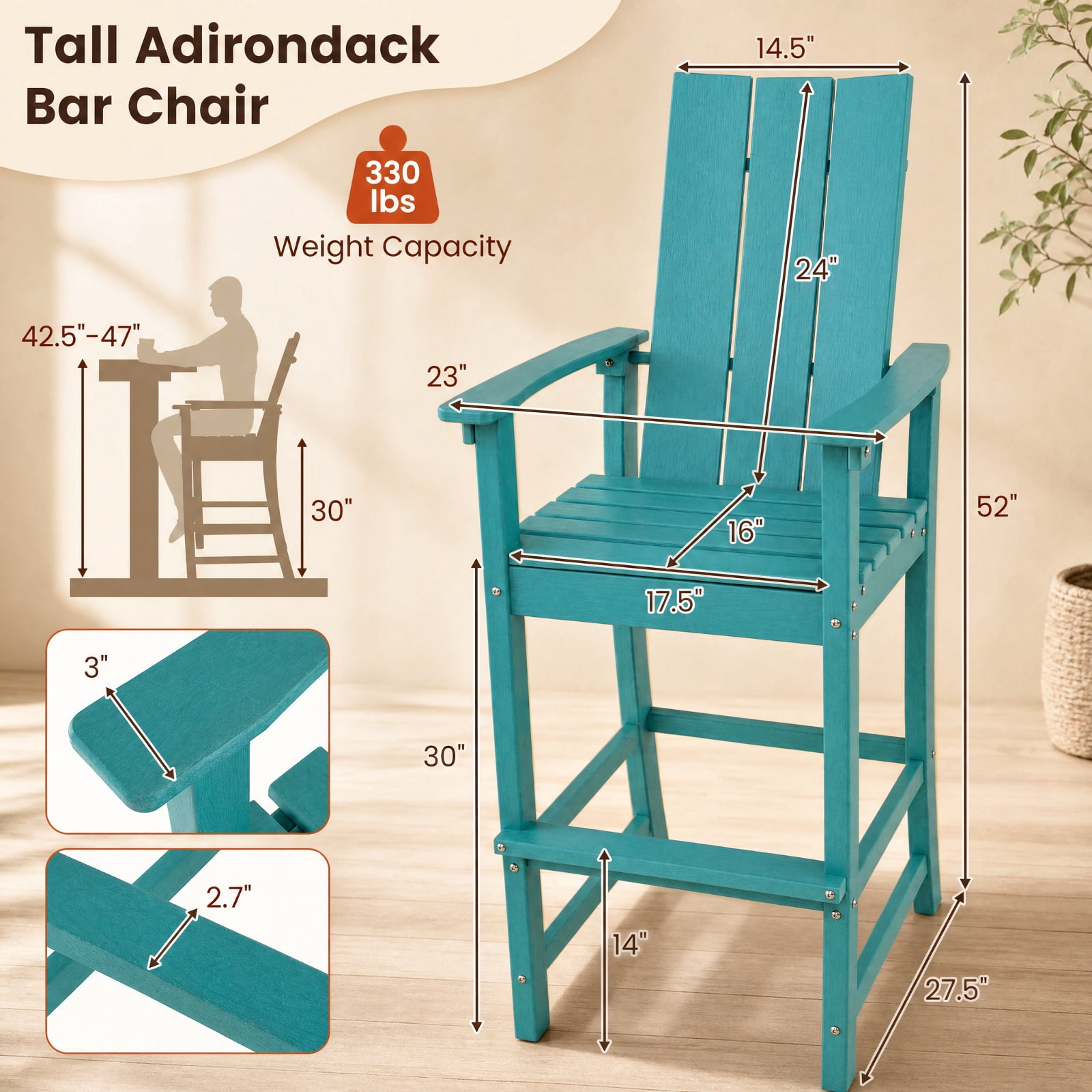 Furnibear Tall Outdoor Bar Stool Adirondack Chair with Ergonomic Backrest and Footrest for Backyard Patio Deck, Turquoise