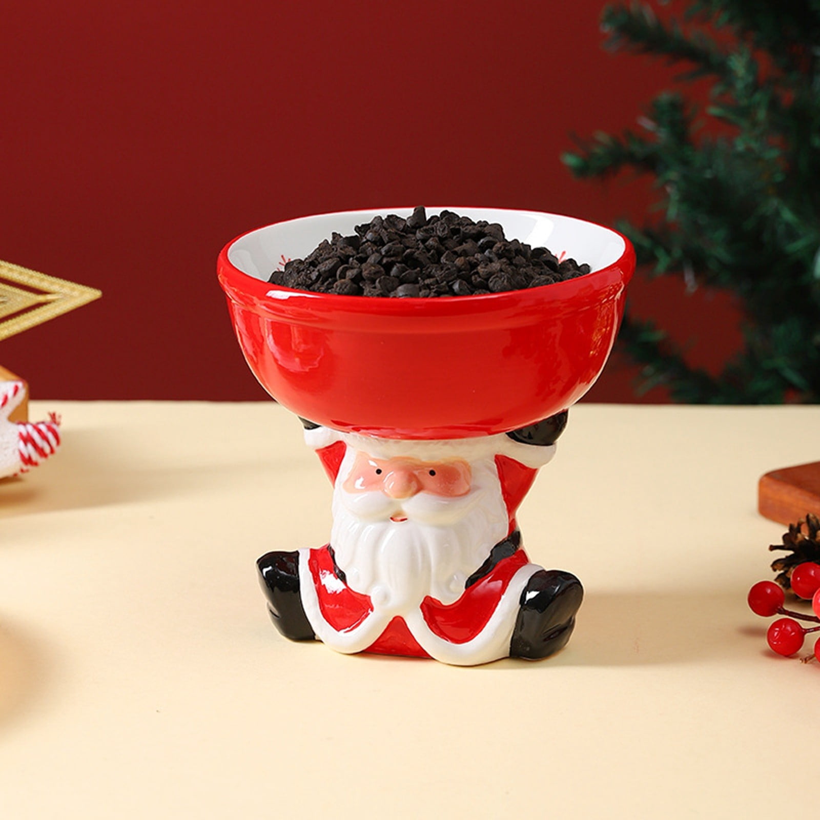 Gytml Ceramic Christmas Pet Bowl With Santa Claus Base,Multi-Functional Container For Candy, Treats & Pet Feeding,3D Festive Pet Storage Bowl For Parties & Home Use Red 16x15.2cm