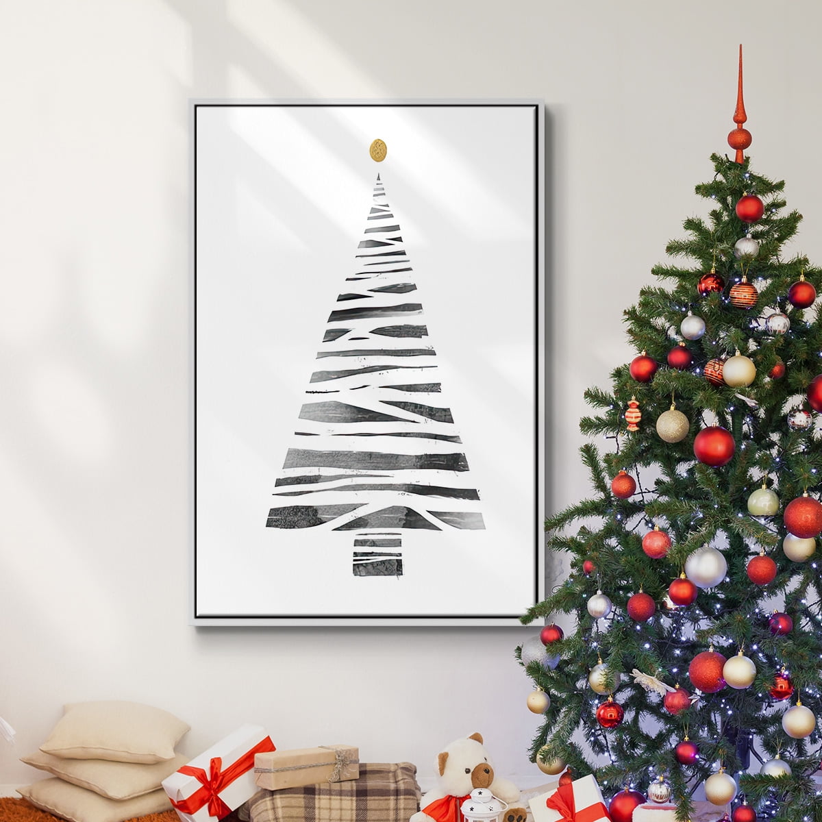 Christmas Tree I - Framed Gallery Wrapped Holiday Canvas - 27 x 41 - White Frame