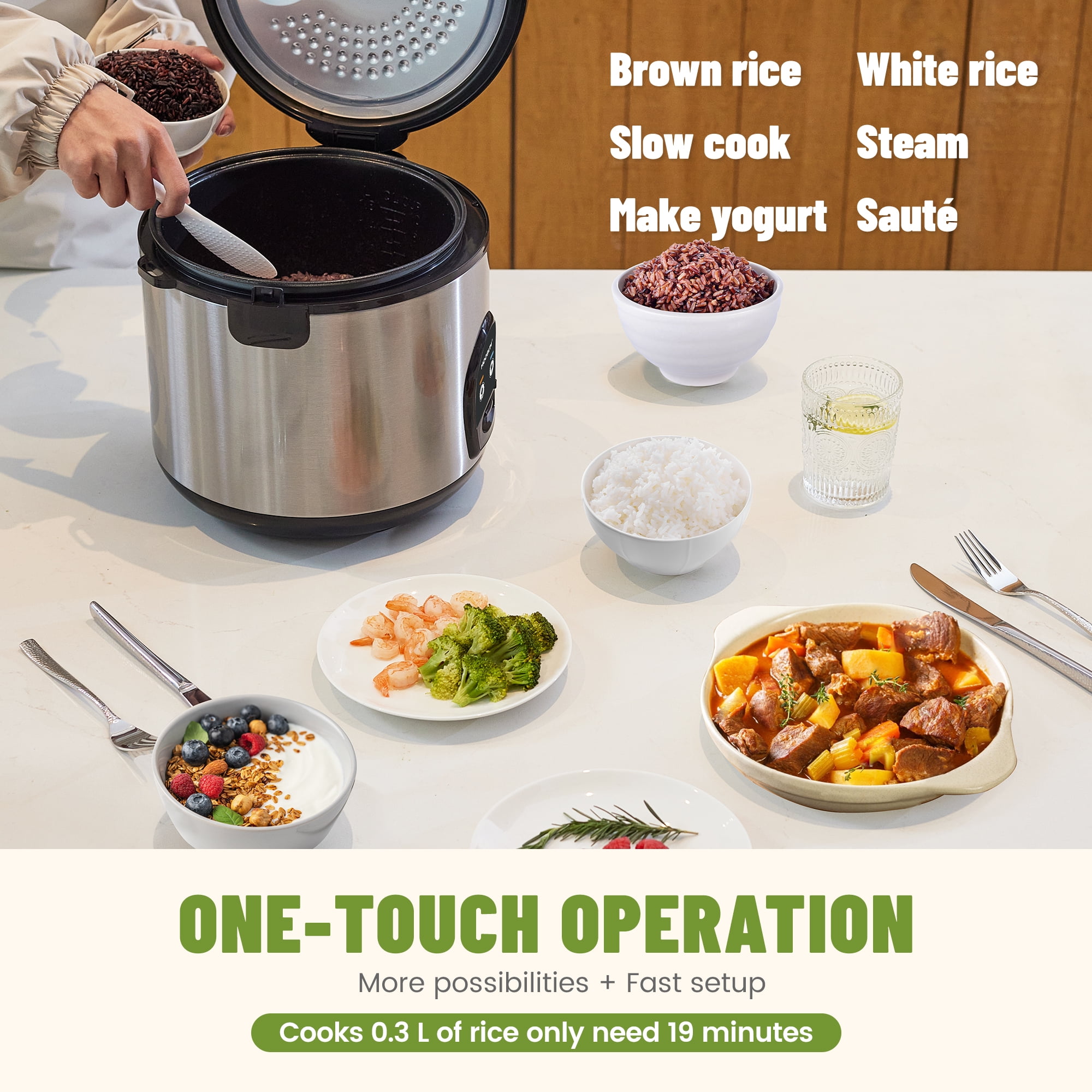 Moosum Rice Cooker Maker 10-Cup(Uncooked) with Steamer, Ceramic coating, BPA Free, Large capacity, Stainless Steel