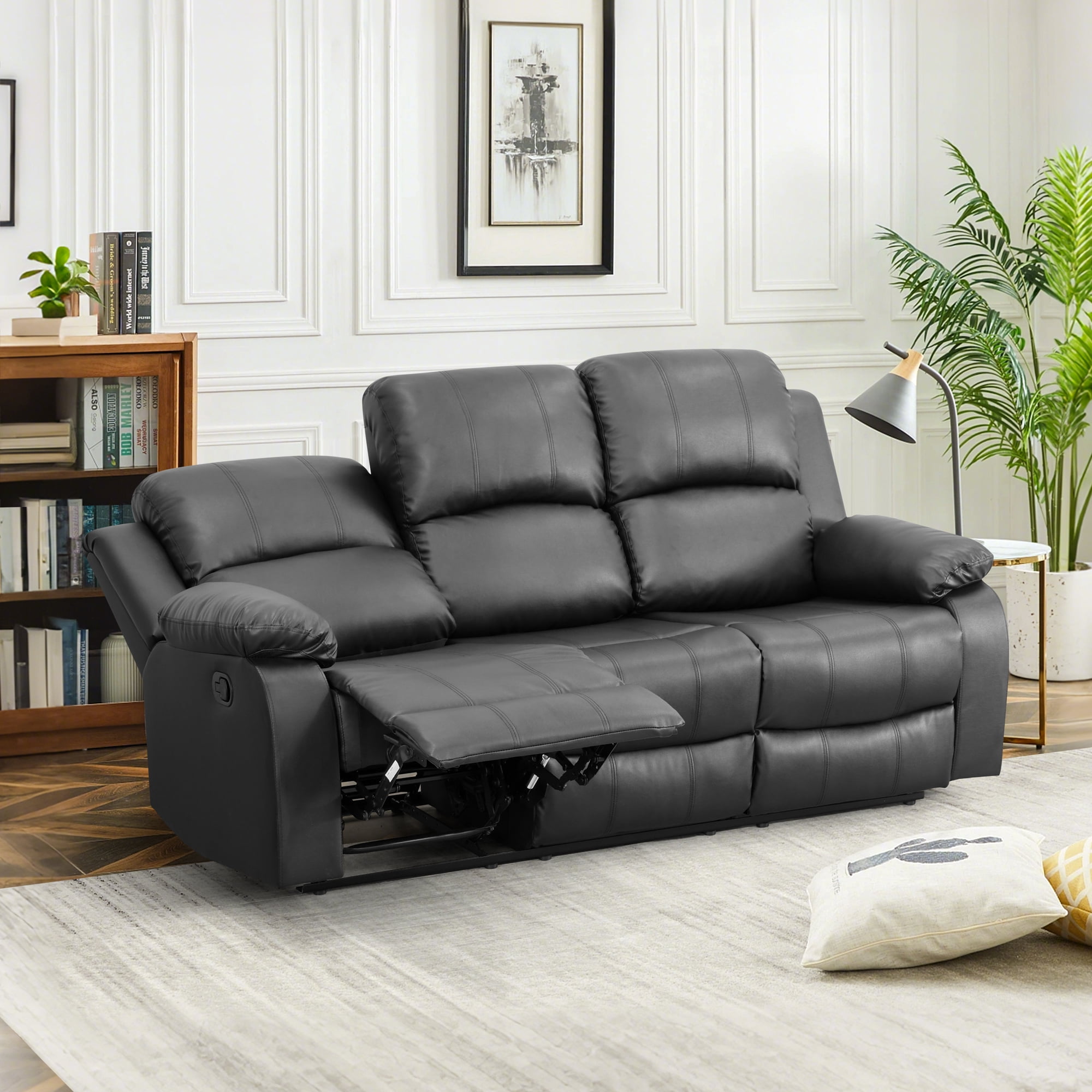 Gewnee Sofa Adjustable Multifunctional Recliner Solid Wood Frame Air Leather Upholstery Living Room Black