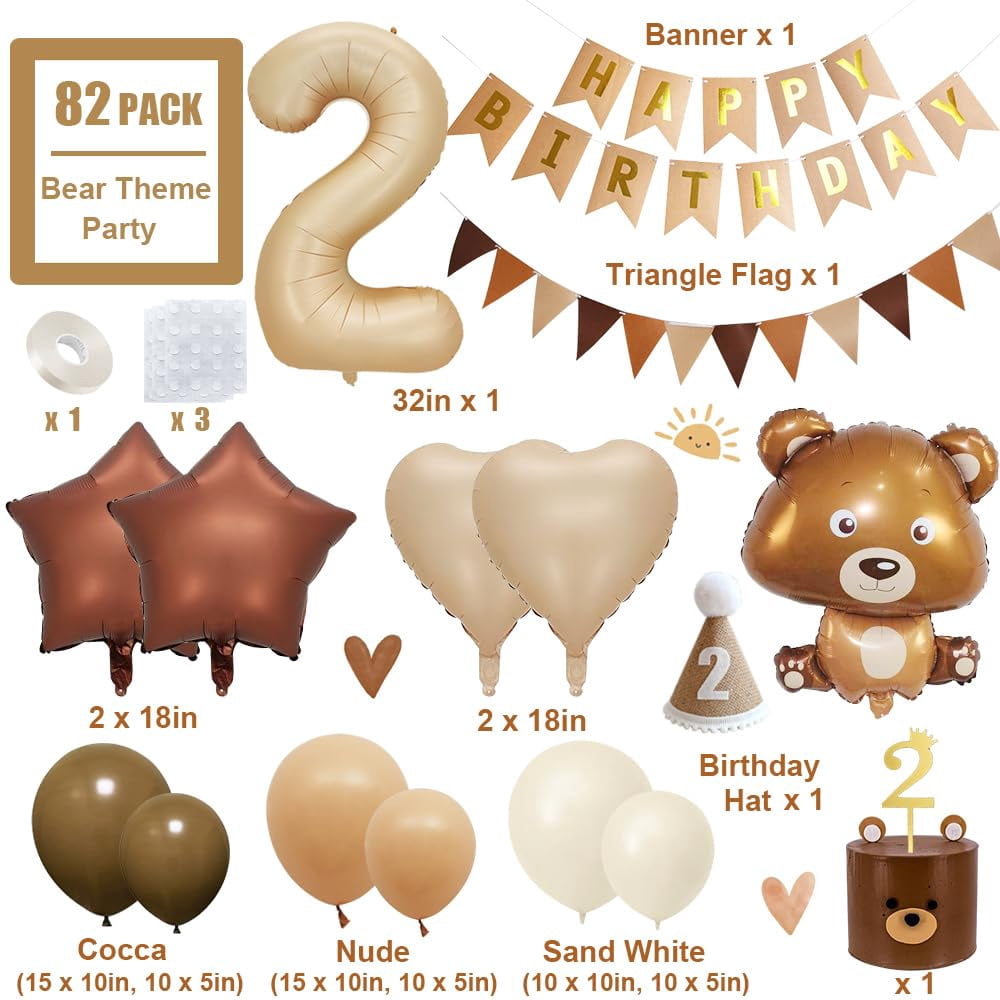 YANSION 2nd Birthday Decorations, Boho Birthday Decoration, Bear Theme Party Decoration with Giant Bear Foil Balloon,  Number 2 Balloon, Beige Coffee Balloon for Boys Girls Baby 2 Year Old Birthday