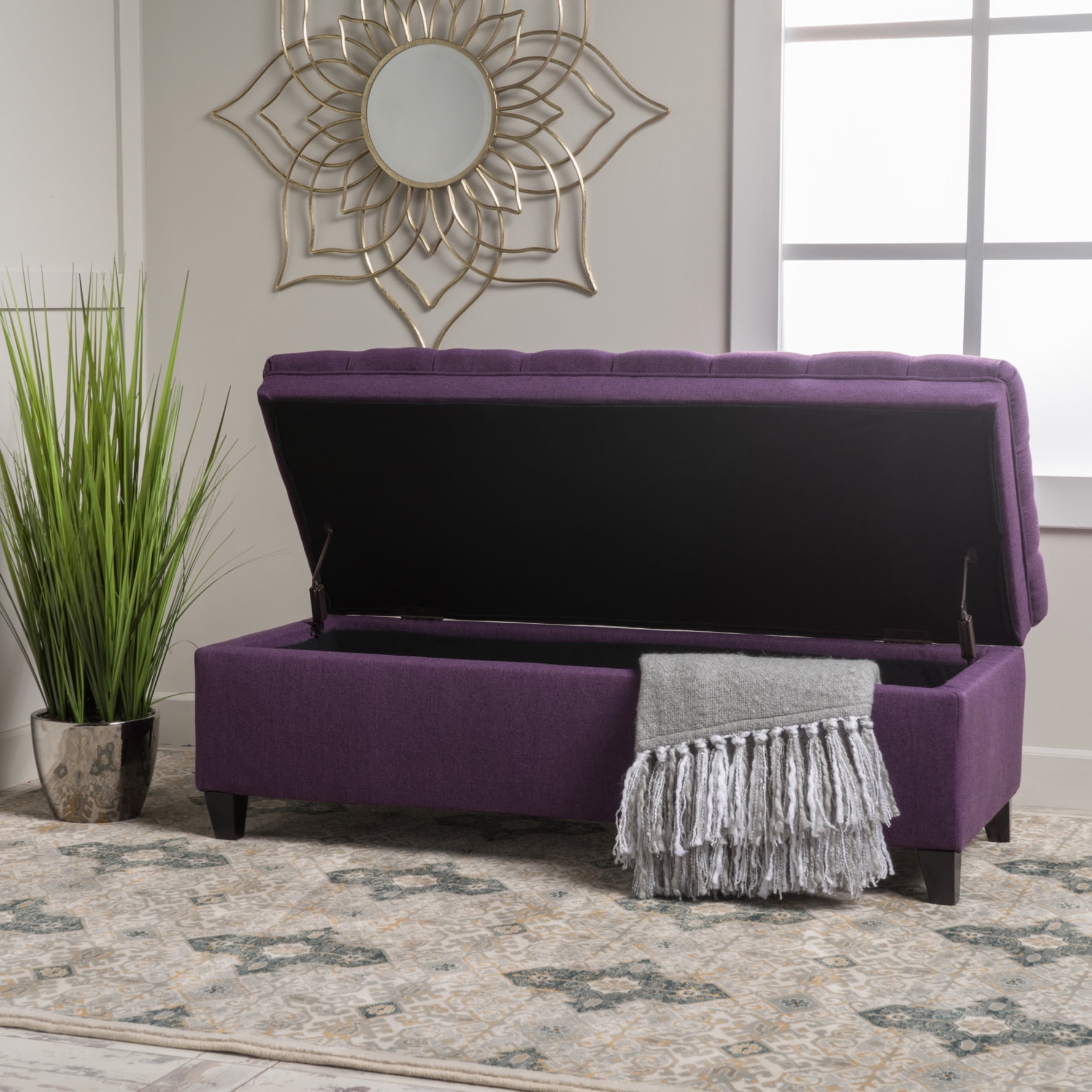 50" Storage Ottoman, Storage Ottoman Bench with Wooden Legs and Safety Hinge, Tufted Entryway Bedroom Bench, Holds up to 330 lb, for Living Room, Bedroom, Purple