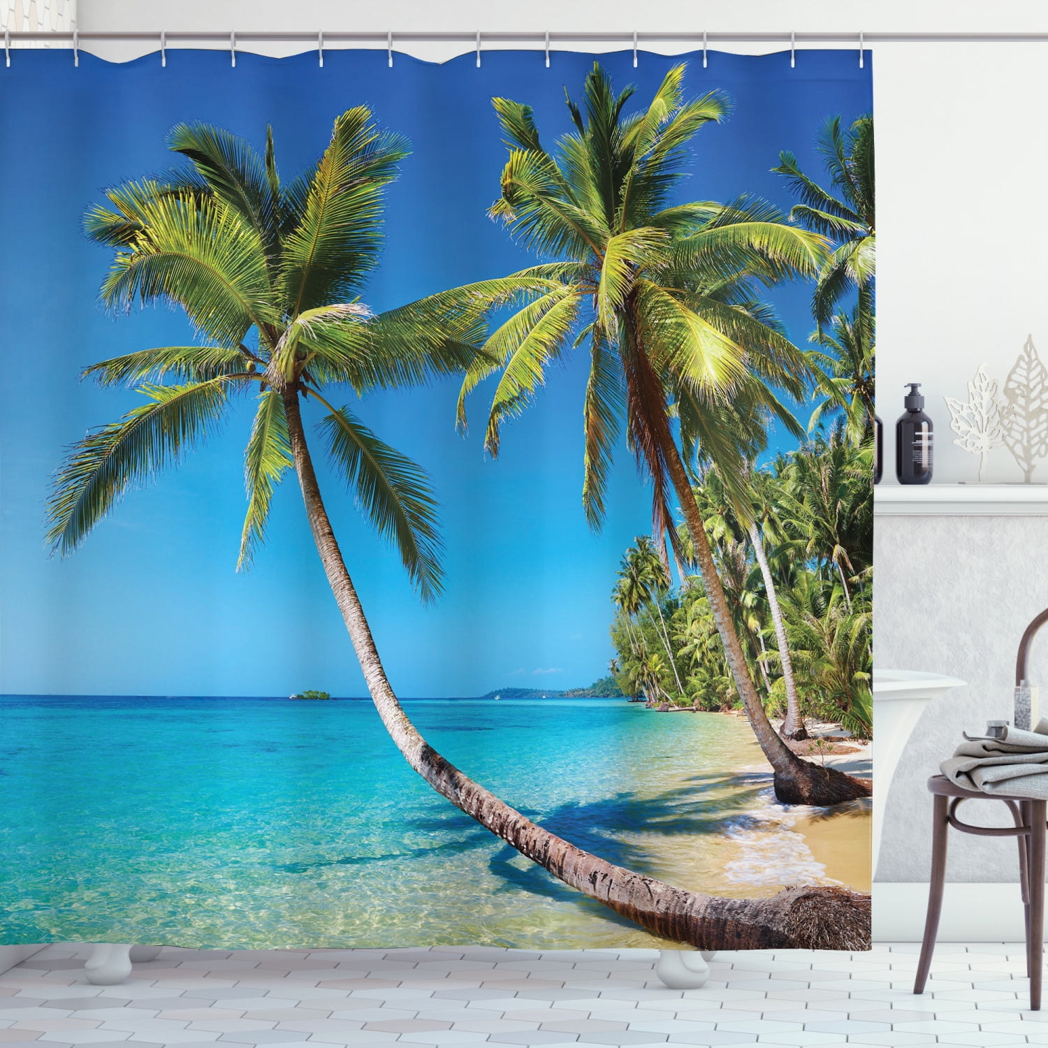 Ocean Decor Beach Coconut Tree Mahe Island Coastal Fabric Shower Curtain 